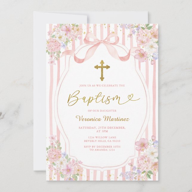 Elegant Pink Bow Coquette Girl Baptism Floral Gold Inbjudningar (Framsida)