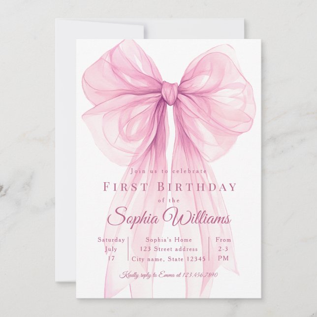 Elegant Pink Bow First Birthday Invitation Inbjudningar (Framsida)