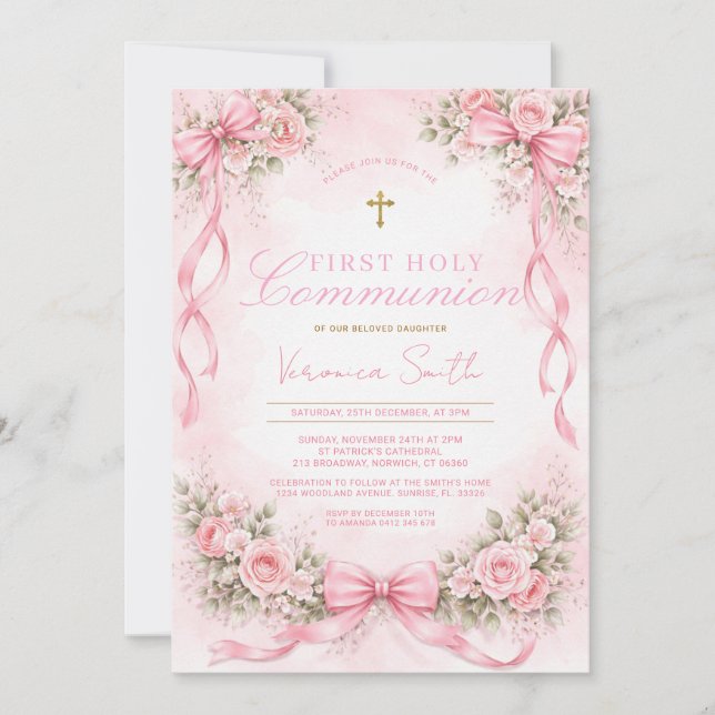 Elegant Pink Bow Floral First Holy Communion Inbjudningar (Framsida)