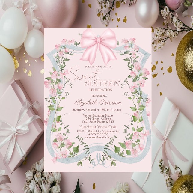 Elegant Pink Bow Floral Frame Sweet 16   Inbjudningar (Skapare uppladdad)