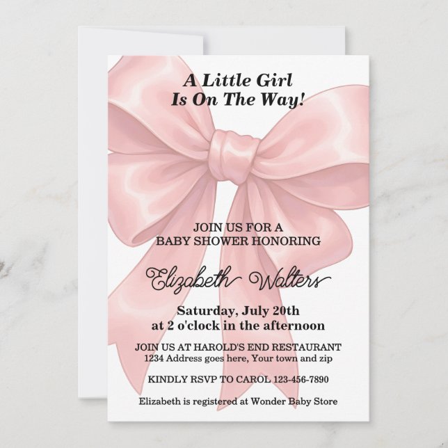 Elegant Pink Bow Girl Baby Shower Inbjudningar (Framsida)
