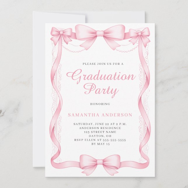 Elegant Pink Bow Graduation Party Inbjudningar (Framsida)