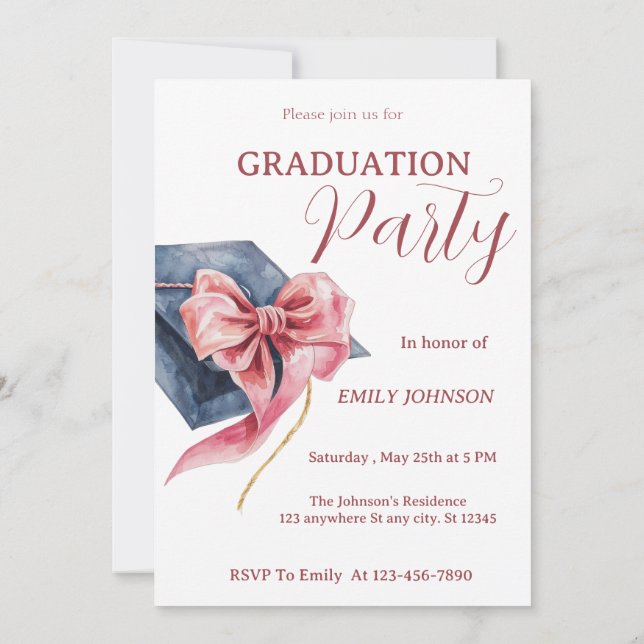 Elegant Pink Bow Graduation Party Invitation  Inbjudningar (Baksida)