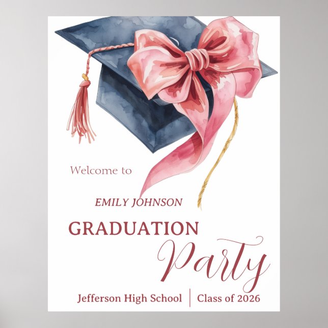 Elegant Pink Bow Graduation Party  Poster (Framsidan)
