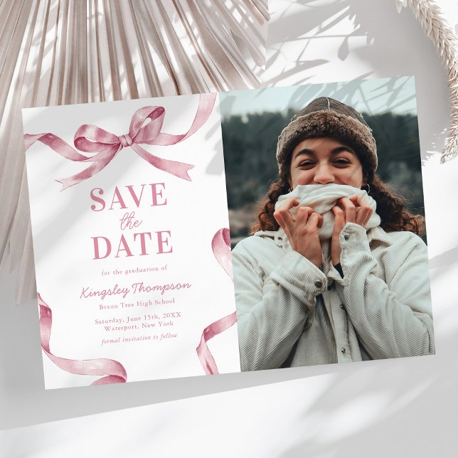 Elegant Pink Bow Graduation Save the Date Spara Datumet (Skapare uppladdad)