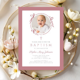 Elegant Pink Bow Photo Baptism Inbjudningar