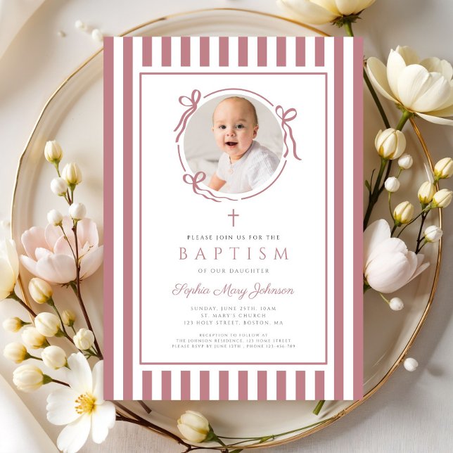 Elegant Pink Bow Photo Girl Baptism Inbjudningar (Elegant Pink Bow Photo Giel Baptism Invitation)