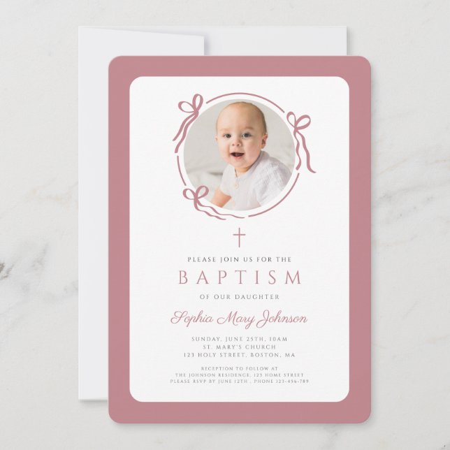 Elegant Pink Bow Photo Girl Baptism Inbjudningar (Framsida)