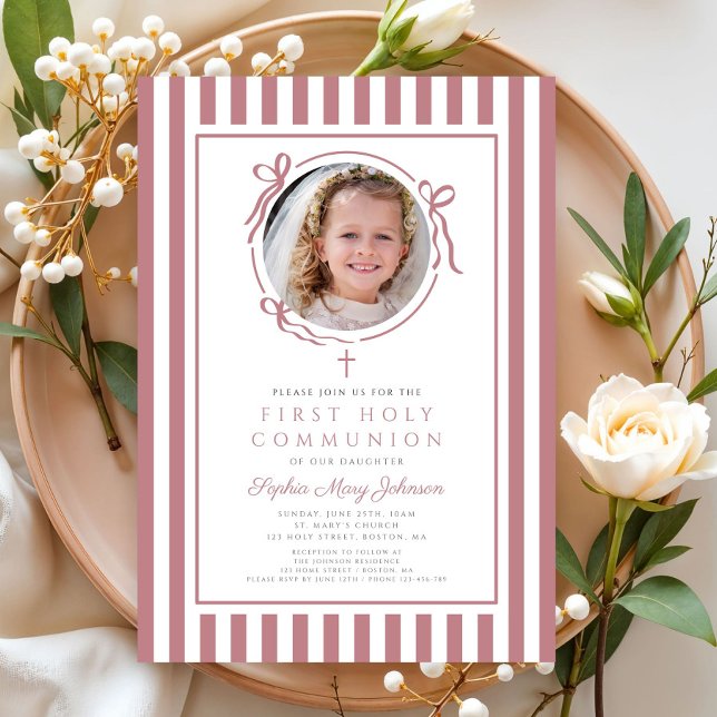 Elegant Pink Bow Photo Girl First Communion Inbjudningar (Elegant Pink Bow Photo Girl First Communion Invitation)