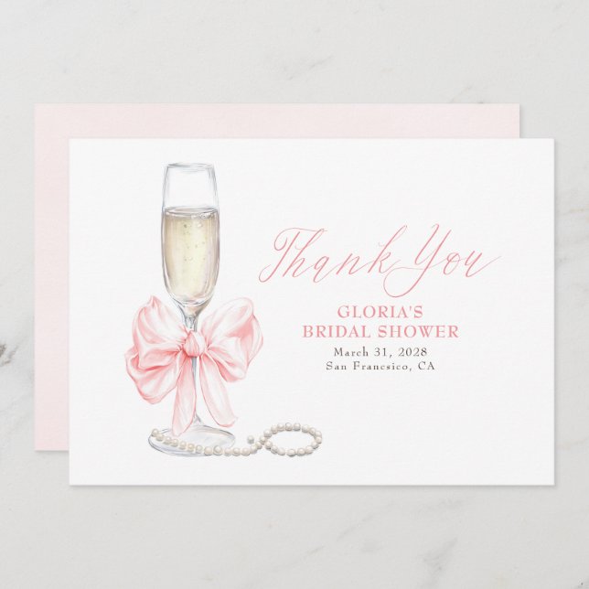 Elegant Pink Bow Prosecco Bridal Shower Thank You Tack Kort (Fram/baksida)