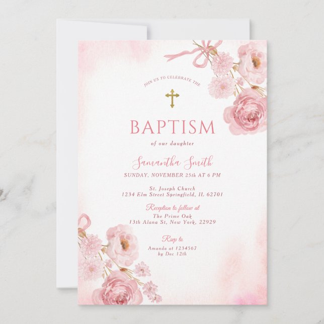 Elegant Pink Bow Rose Floral Cross Girl Baptism Inbjudningar (Framsida)