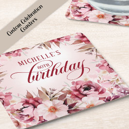 Elegant Pink Burgundy Floral 80th Birthday Underlägg Papper Kvadrat