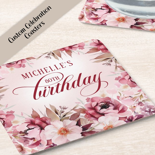 Elegant Pink Burgundy Floral 80th Birthday Underlägg Papper Kvadrat (Burgundy and. pink watercolor floral birthday party paper coaster)
