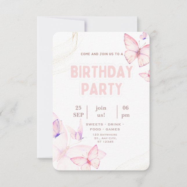 Elegant Pink Butterfly Birthday Party Invitation  Kort (Framsida)