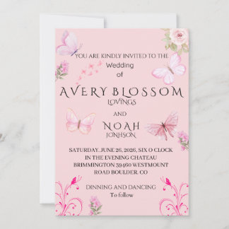 Elegant Pink Butterfly Wedding Invitation | Edit Inbjudningar