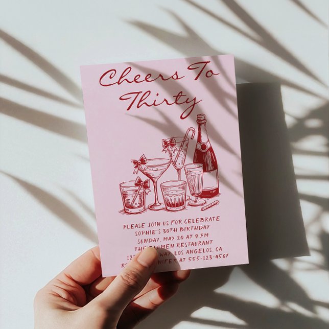 Elegant Pink Cheers to Thirty Cocktail Birthday Inbjudningar (Skapare uppladdad)