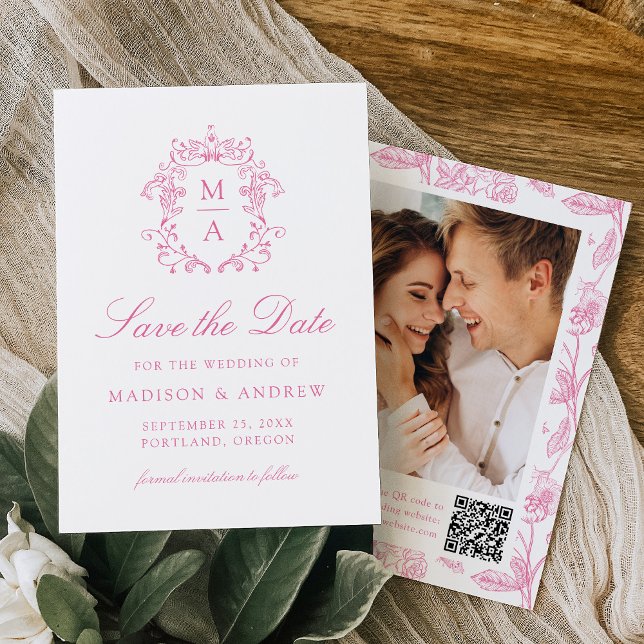 Elegant Pink Chinoiserie Floral QR Code Wedding Spara Datumet (Skapare uppladdad)