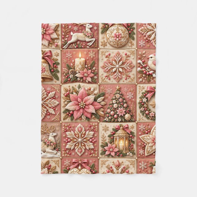 Elegant Pink Christmas Patchwork Blanket Fleecefilt (Framsidan)