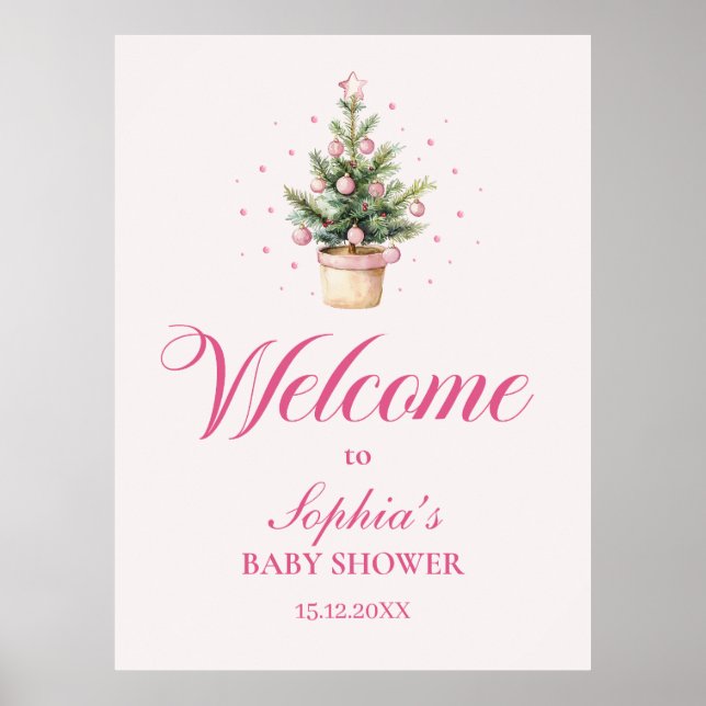 Elegant Pink Christmas Tree Baby Shower Welcome Poster (Framsidan)