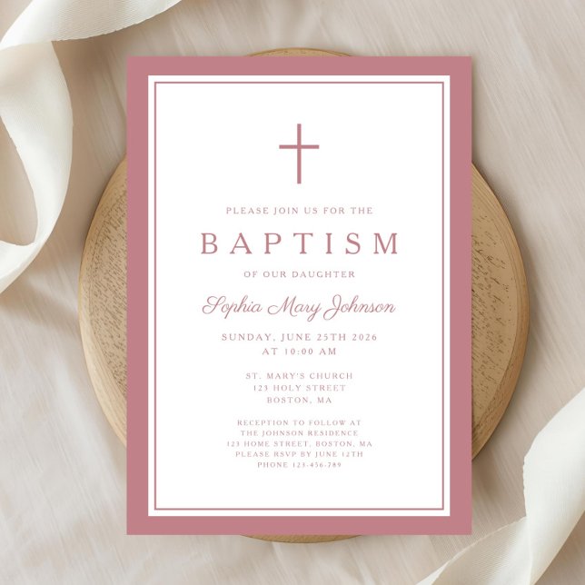 Elegant Pink Cross Baby Girl Baptism Inbjudningar (Elegant Pink Cross Baby Girl Baptism Invitation)