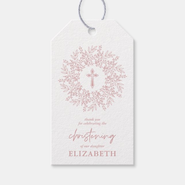Elegant Pink Cross Girl Christening Favor Presentetikett (Framsidan)
