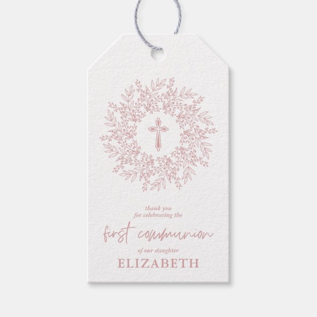 Elegant Pink Cross Girl First Communion Favor Presentetikett (Framsidan)