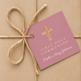 Elegant Pink Cross Girl First Communion Gåvor Etiketter