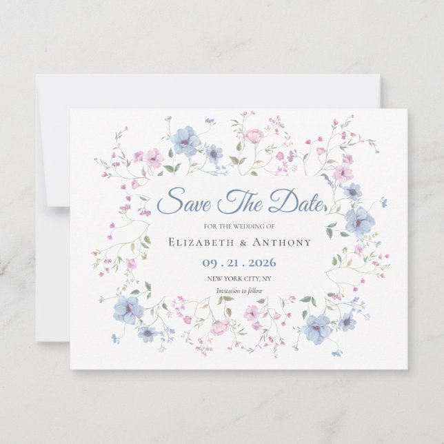 Elegant Pink & Dusty Blue Floral Wedding  Save The Spara Datumet (Framsida)