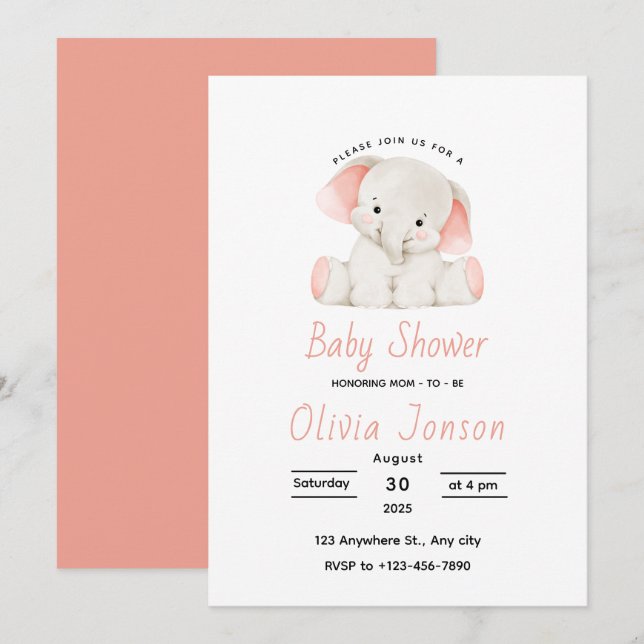 Elegant Pink Elephant Baby Shower Invitation Inbjudningar (Fram/baksida)