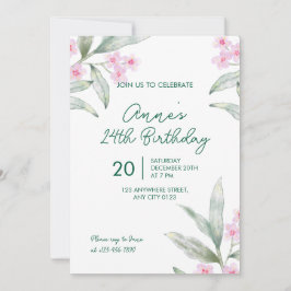 Elegant Pink Floral 24th Birthday Invitation Inbjudningar