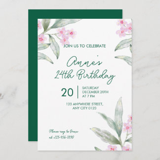 Elegant Pink Floral 24th Birthday Invitation Inbjudningar