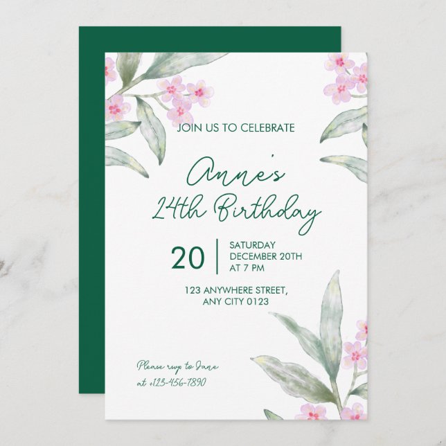 Elegant Pink Floral 24th Birthday Invitation Inbjudningar (Fram/baksida)