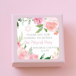 Elegant Pink Floral Bat Mitzvah Party Custom Fyrkantigt Klistermärke