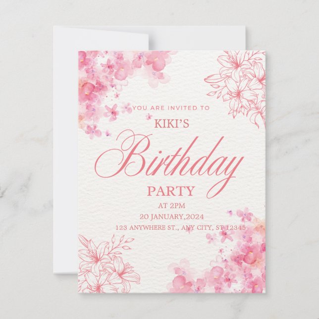 Elegant Pink Floral Birthday Invitation Meddelande (Framsida)
