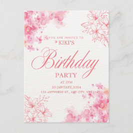Elegant Pink Floral Birthday Invitation Meddelande Vykort