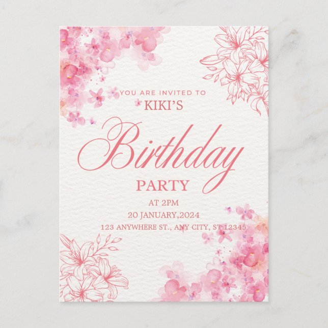 Elegant Pink Floral Birthday Invitation Meddelande Vykort (Framsida)