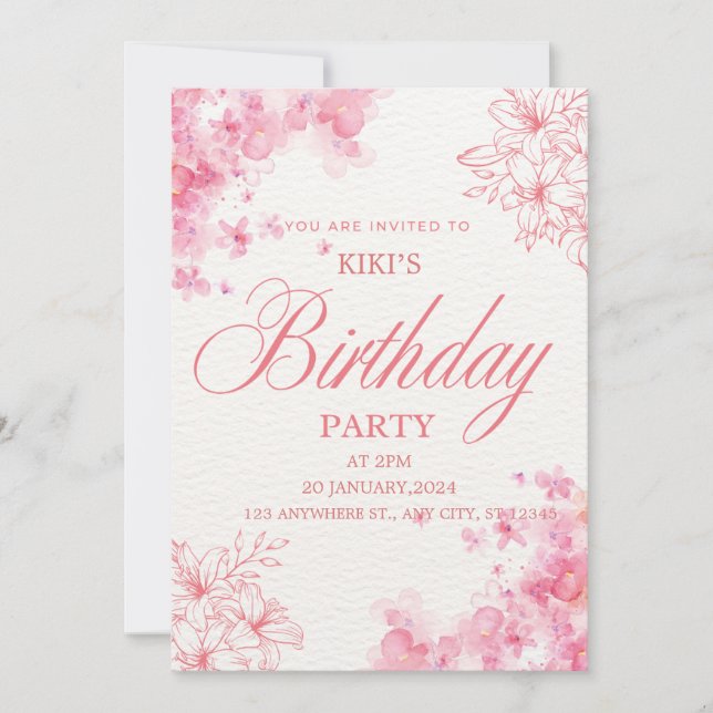 Elegant Pink Floral Birthday Invitation Tack Kort (Framsida)