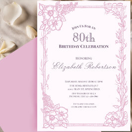 Elegant Pink Floral Border Women's 80th Birthday  Inbjudningar