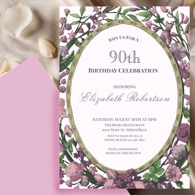 Elegant Pink Floral Border Women's 90th Birthday  Inbjudningar (Skapare uppladdad)