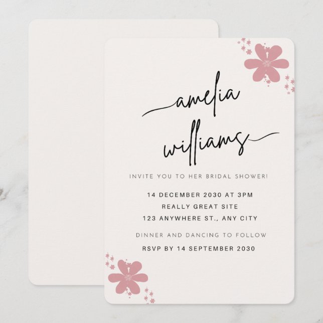 Elegant Pink Floral Bridal Shower Invitation - Cus Inbjudningar (Fram/baksida)
