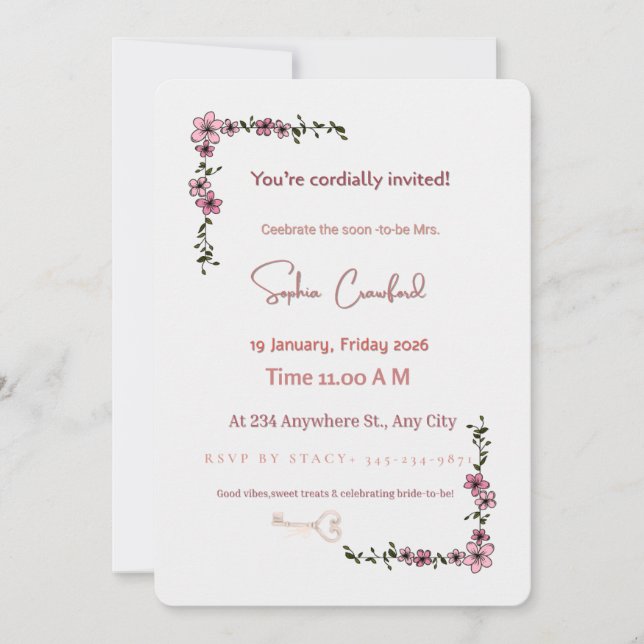 Elegant Pink Floral Bridal Shower Invitation | Min Inbjudningar (Framsida)