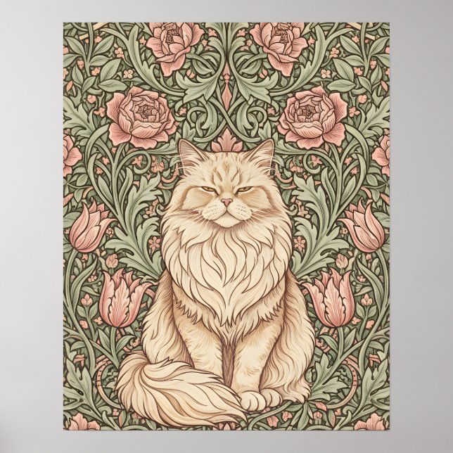 Elegant Pink Floral Cat Poster William Morris Art  (Framsidan)