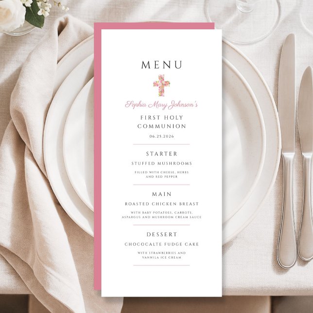 Elegant Pink Floral Cross First Communion Meny (Elegant Pink Floral Cross First Communion Menu)
