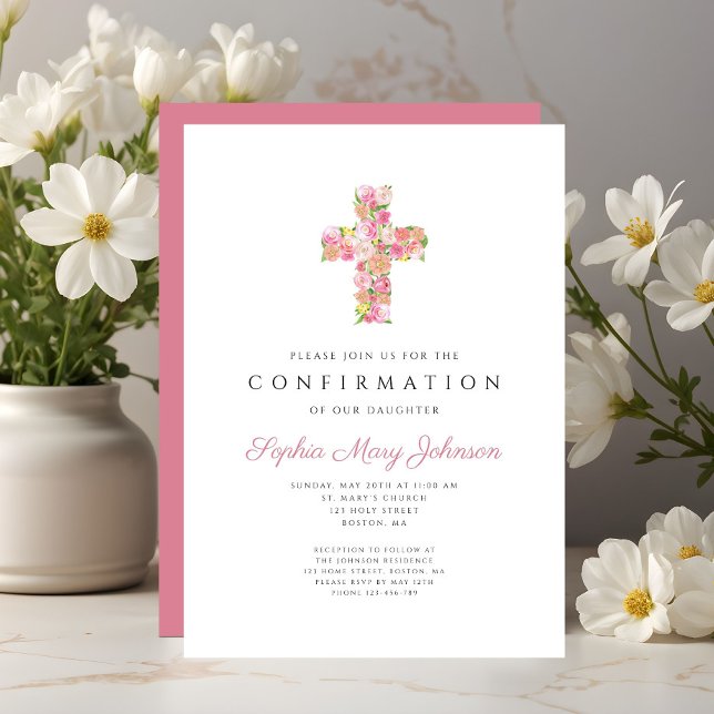 Elegant Pink Floral Cross Girl Confirmation Inbjudningar (Elegant Pink Floral Cross Girl Confirmation Invitation)