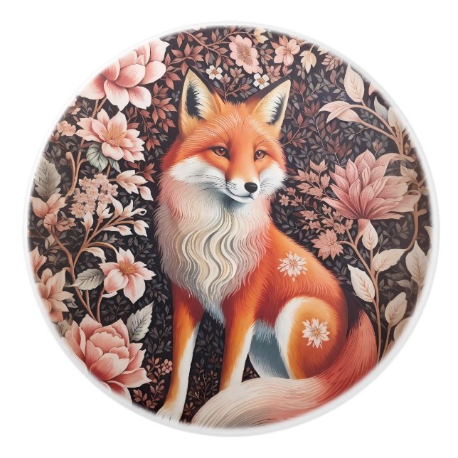 Elegant Pink Floral Fox William Morris Inspired Knopp (Framsidan)