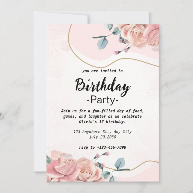 Elegant Pink Floral Girls Birthday Invitation Inbjudningar (Framsida)