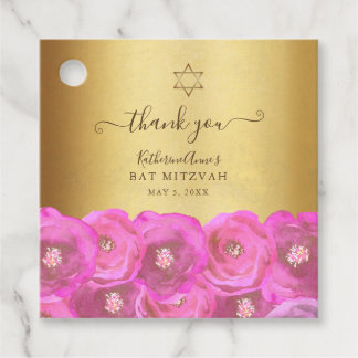 Elegant Pink Floral Gold Bat Mitzvah Thank You Gåvor Etiketter