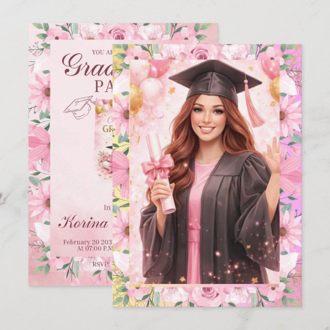 Elegant Pink Floral Graduation Party Invitation Inbjudningar (Fram/baksida)