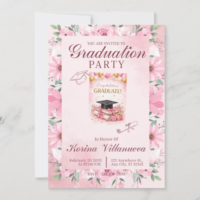 Elegant Pink Floral Graduation Party Invitation Inbjudningar (Framsida)