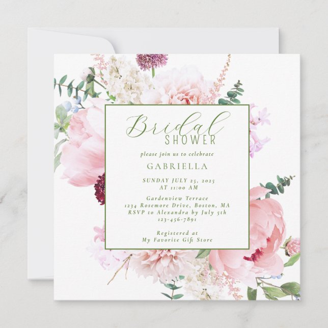 Elegant Pink Floral Light Sage Green Bridal Shower Inbjudningar (Framsida)
